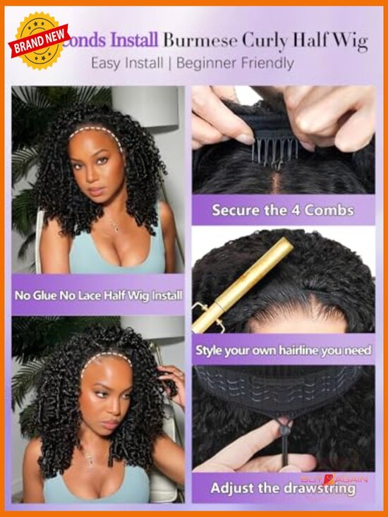 180% Density Human Hair Half Wig 28in Curly Drawstring Glueless 3-in-1 Headband main image 4